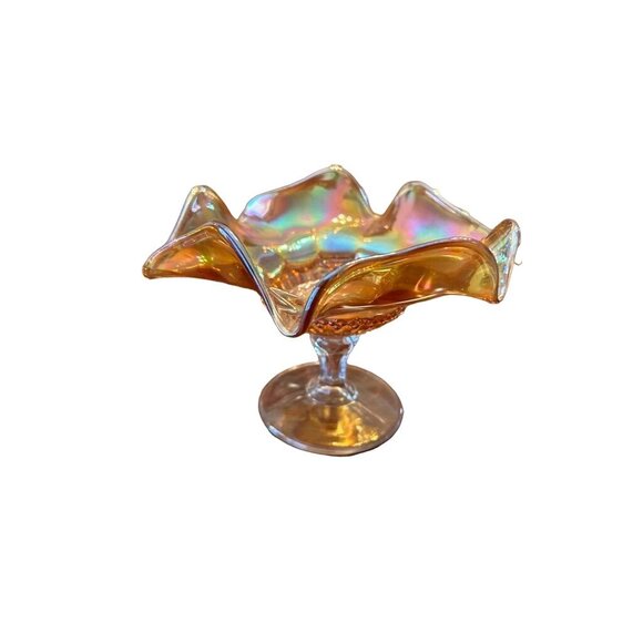 Iridescent Marigold Compote Glass Ruffled Edge Candy/nut Dish 5 in H Pedestal - Picture 1 of 4